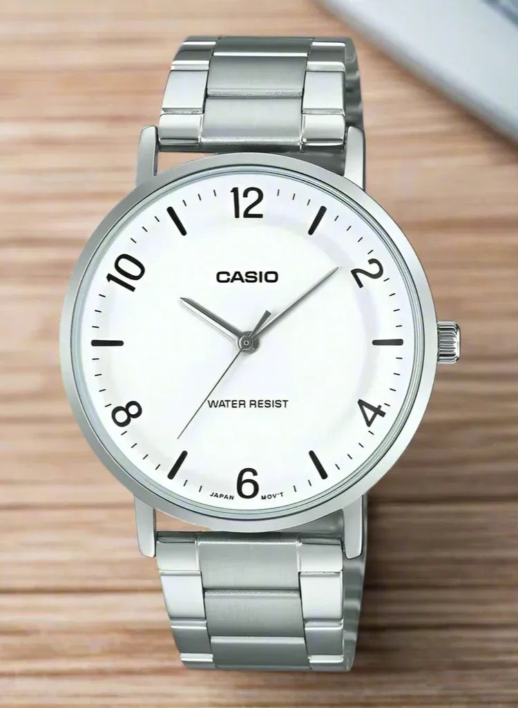 كاسيو Casio Enticer Analog Men’s Watch MTP‑VT03D‑7BDF, 46mm White Dial, Silver Stainless Steel Case & Band, Water‑Resistant - Image 1